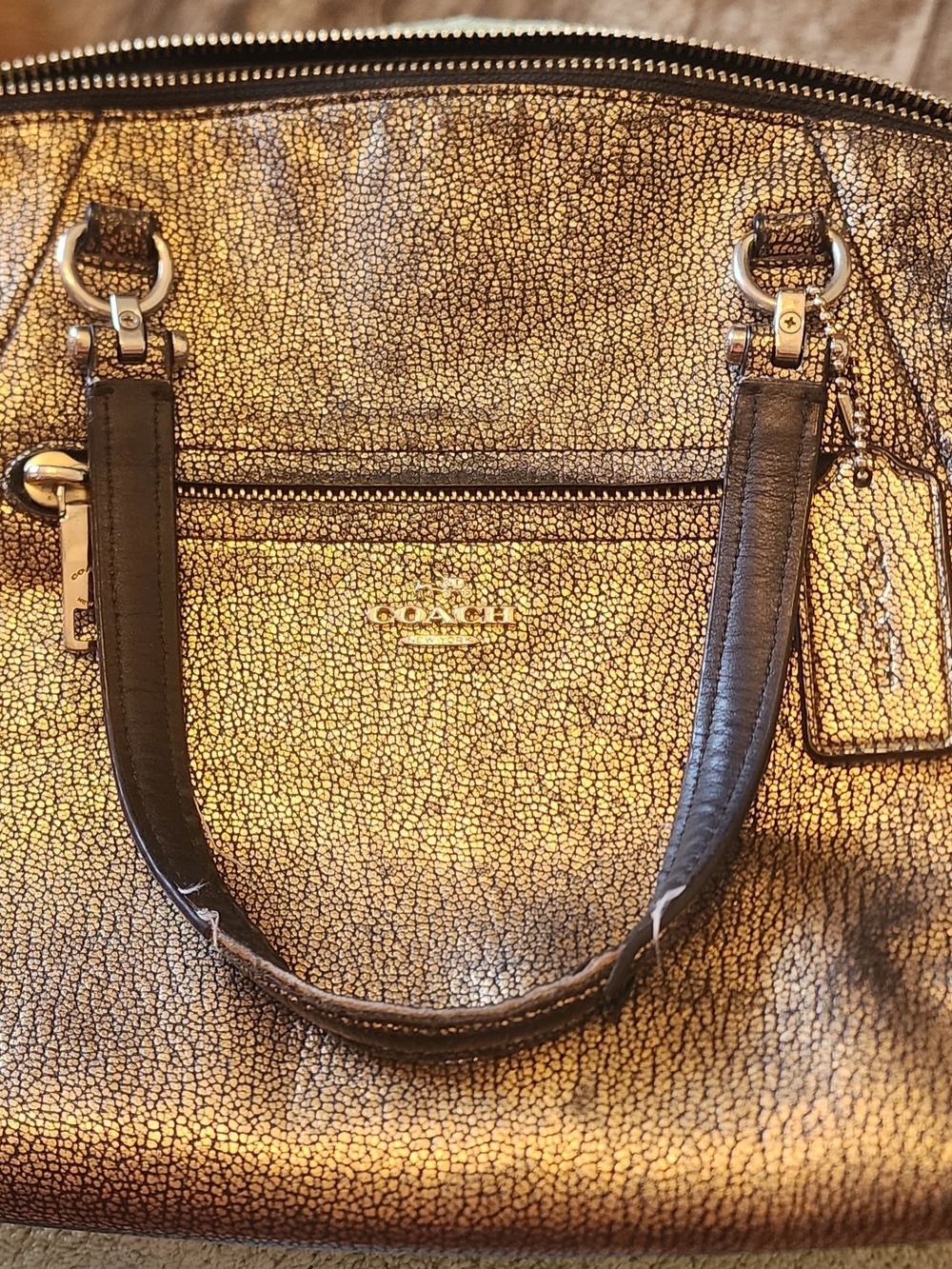 COACH Metallic Gold Crackle Leather Tote with Dark Handles Rehab